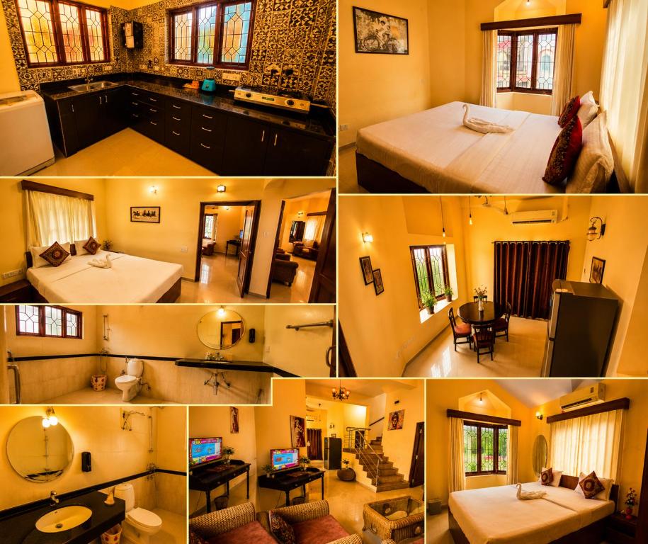 a collage of four pictures of a room at Asif 3 bedroom luxury villa with swimming pool and kitchen in Nagoa-Bardez