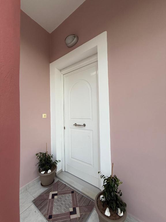 a white door in a room with two potted plants at Διαμερισμα στο Αιγιο in Aigio