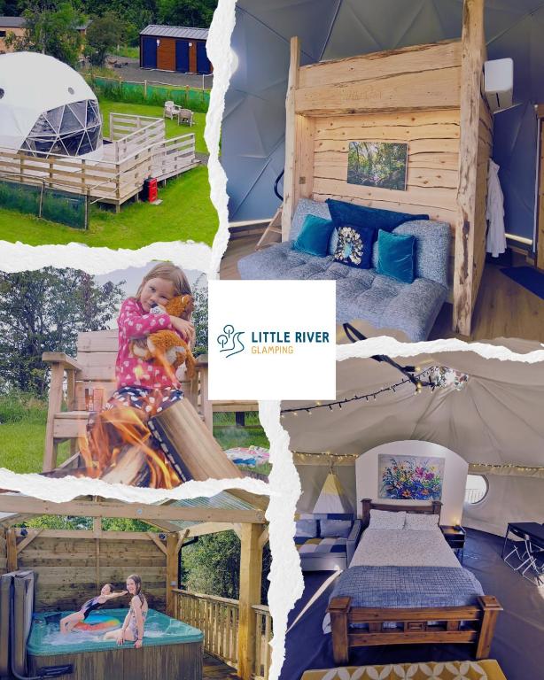 a collage of pictures of a tent with a child on a slide at Little River Glamping in Ballymoney