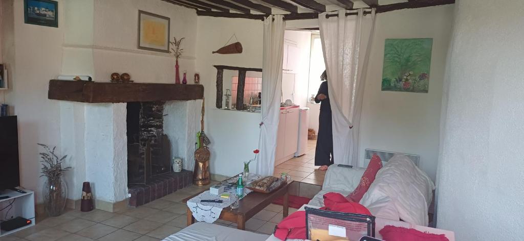 a living room with a couch and a fireplace at La Parenthèse d'Ouilly in Pont-d'Ouilly