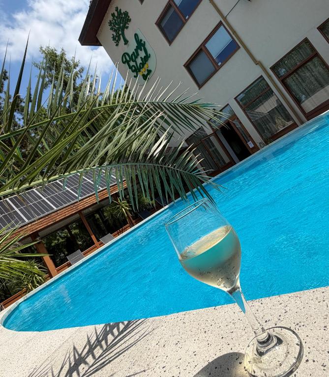 ein Glas Wein neben einem Swimmingpool in der Unterkunft Park Hotel Gyula in Gyula