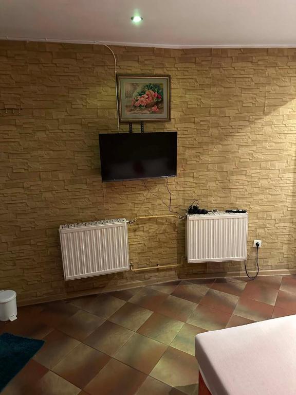 Eine Backsteinwand mit zwei Heizkörpern und einem Flachbildfernseher in der Unterkunft MiniApartament in Psary Małe