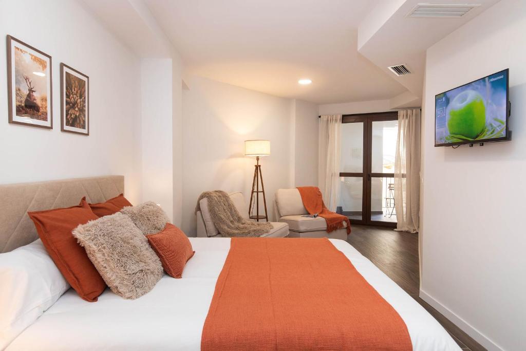 a bedroom with a bed and a tv on the wall at Xena Pueyo by BeValle in Panticosa