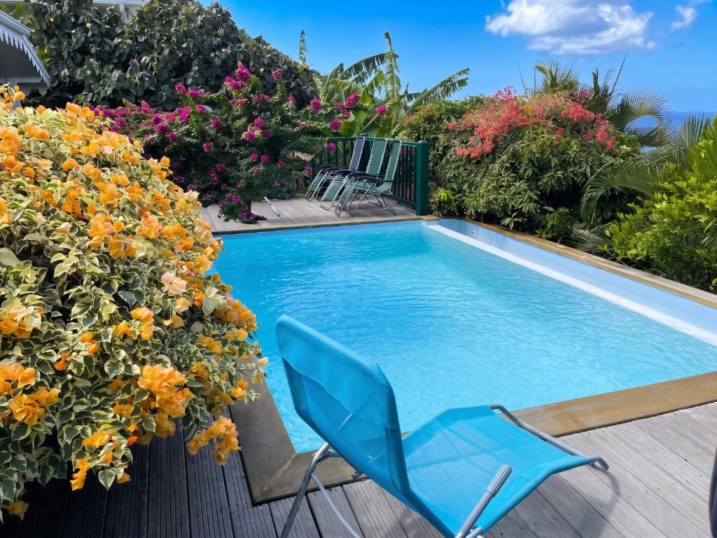 a blue chair next to a swimming pool with flowers at Villa ensoleillée aux Anses-d'Arlet avec piscine privée in Les Anses-dʼArlets