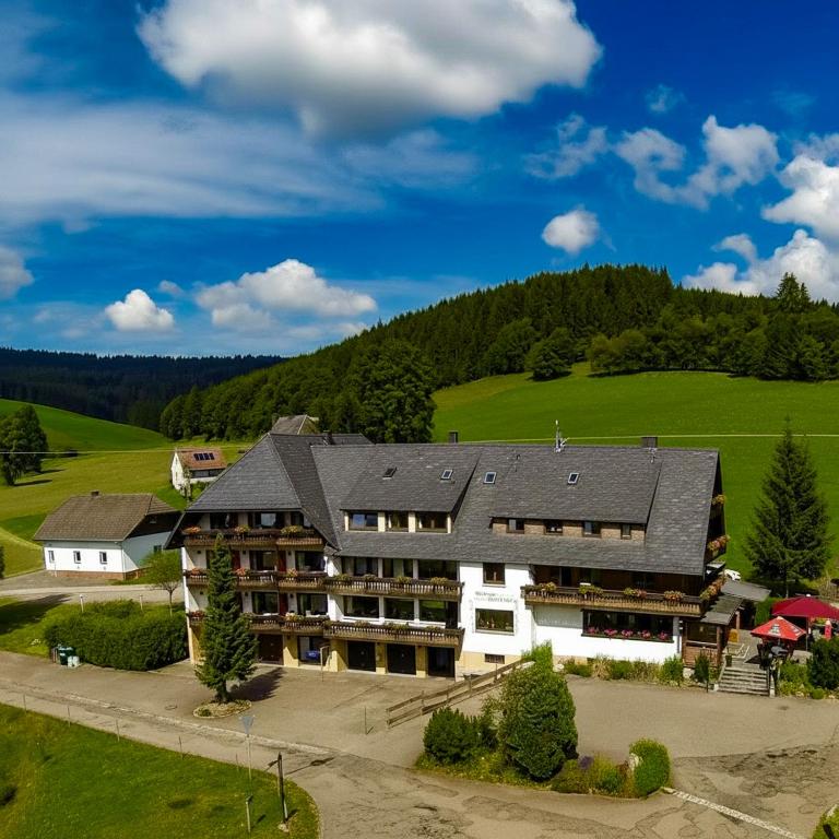 an aerial view of a building with a mountain in the background at Landgasthof Jostalstüble in Titisee-Neustadt