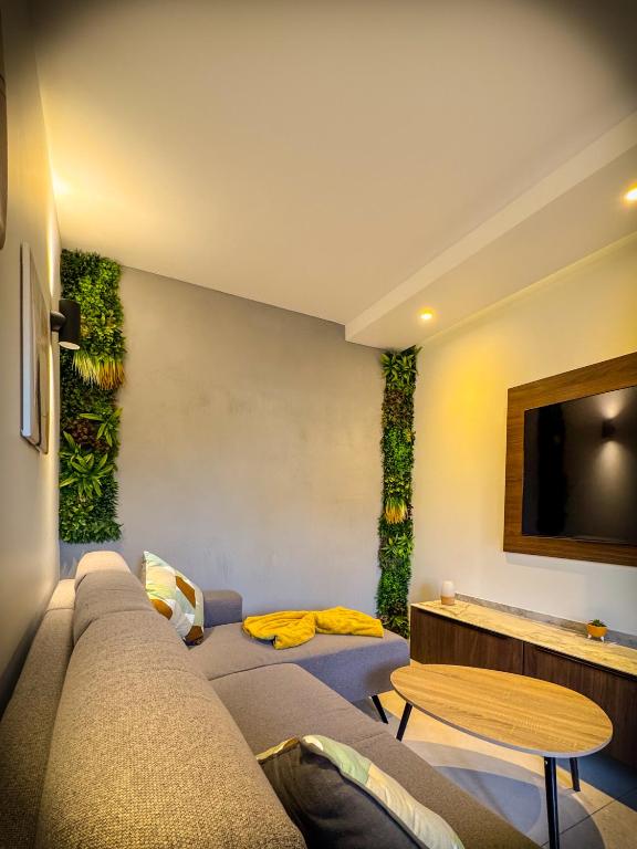 a living room with a couch and a tv at Blossom Bliss in La Norville