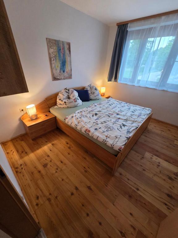 a bedroom with a bed in a room with a window at Ferienwohnung Tirolerhof in Horn