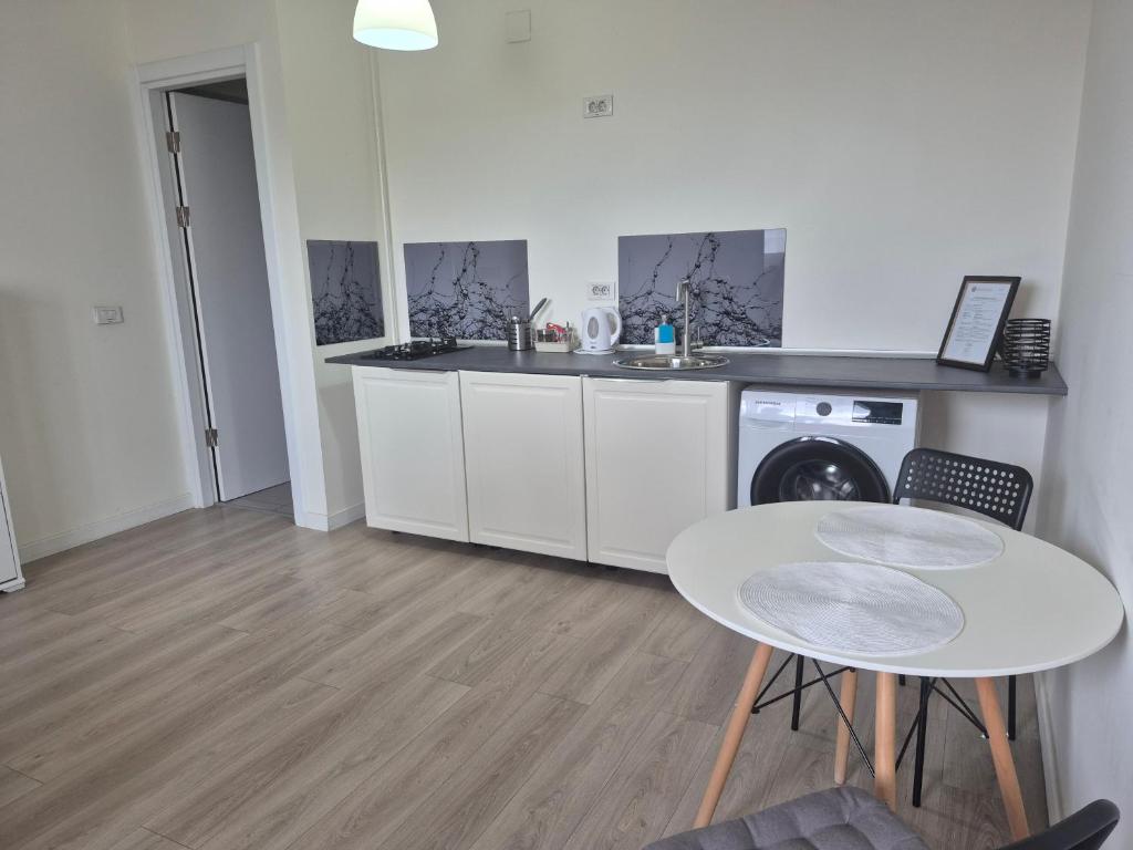 a kitchen with a table and a sink and a washing machine at Tom House in Otopenii de Jos