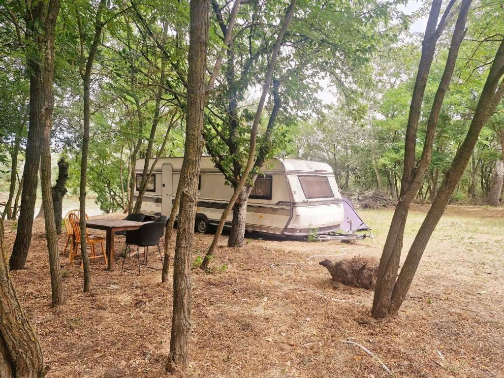 a campsite with a tent and a table in the woods at Hacienda Caravan in Szentes