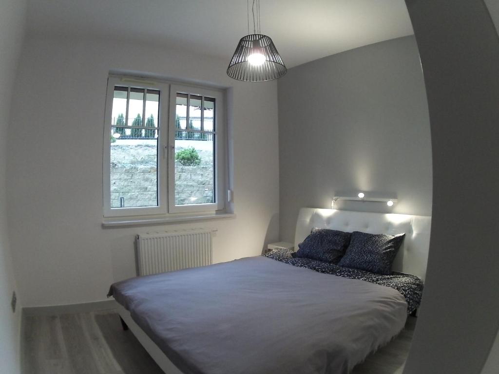 een slaapkamer met een bed en een raam bij Apartament z Ogrodem in Polanica-Zdrój