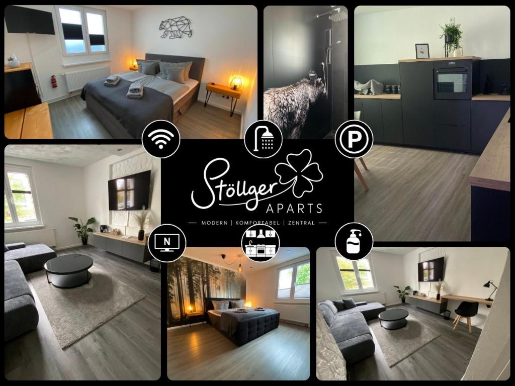 a collage of photos of a living room and a bedroom at Ferienappartement im Thüringer Wald in Bad Salzungen