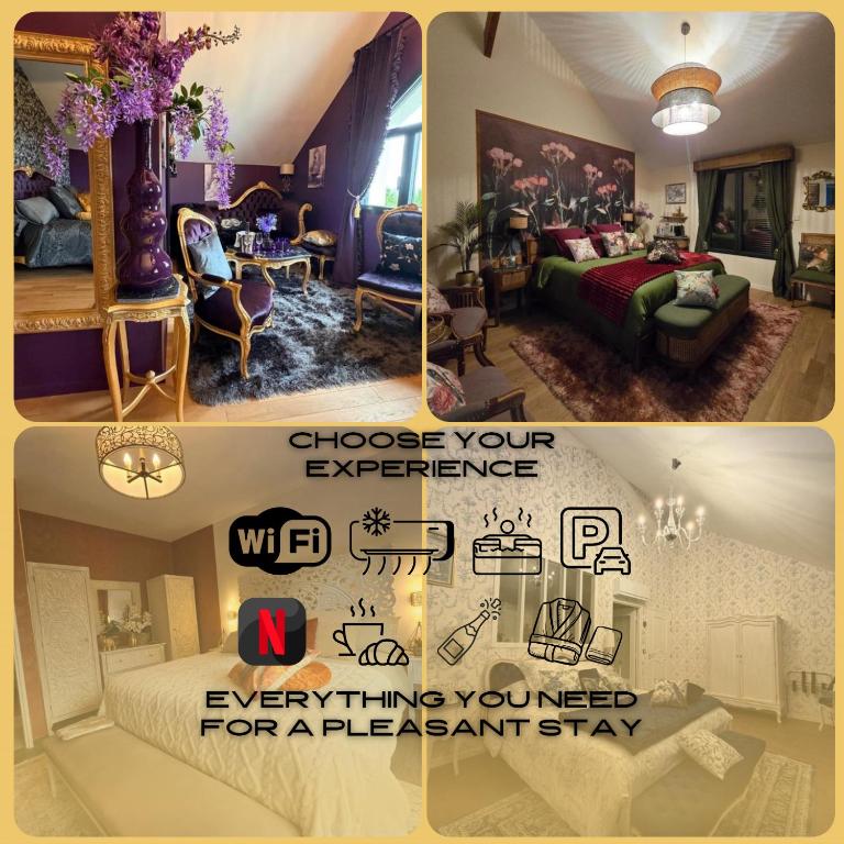 a collage of three pictures of a hotel room at La Villa M77 in Boitron