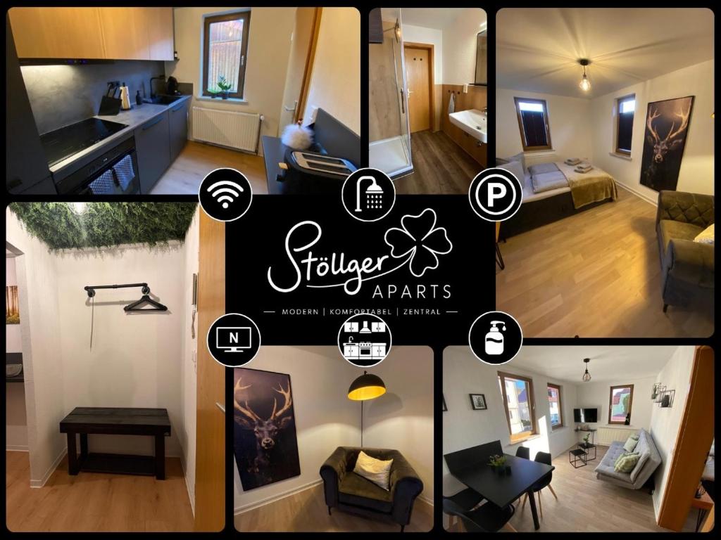 a collage of four pictures of a living room and a kitchen at Forrest Lounge Schweina in Bad Liebenstein