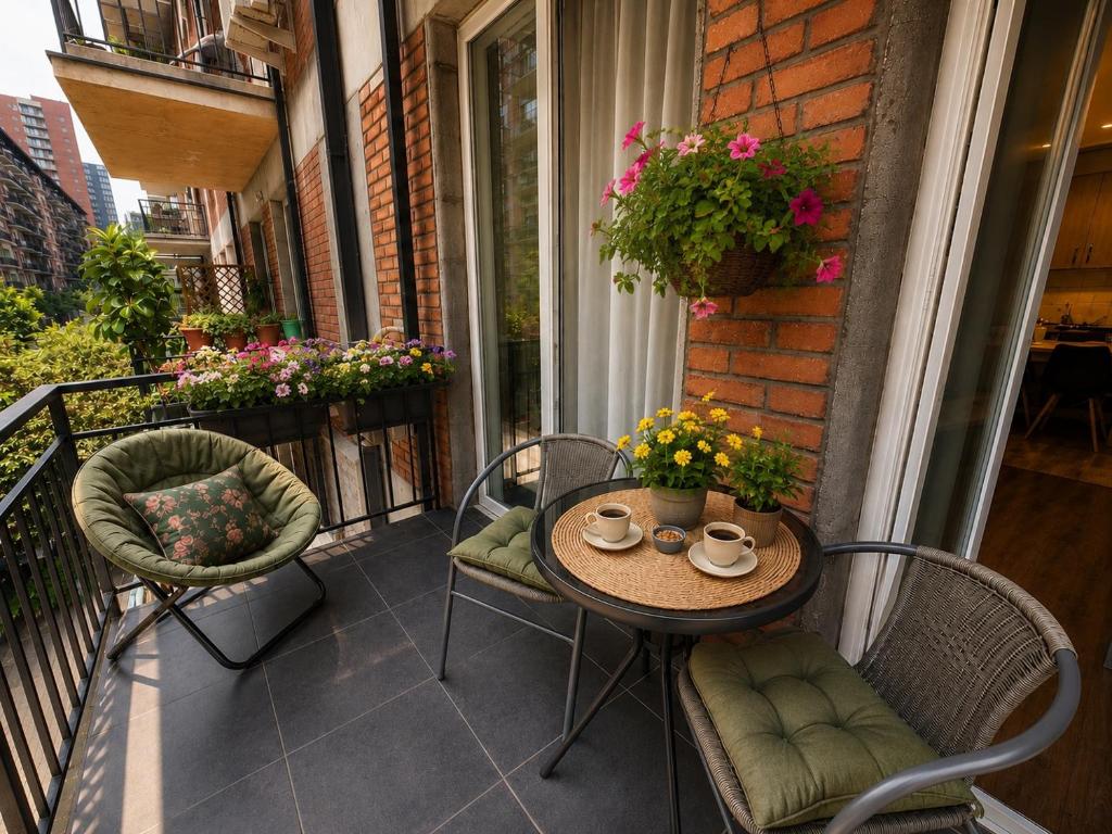 a balcony with a table and chairs on a balcony at Home Inn Apartments Your house Jikia-Central Tbilisi in Tbilisi City