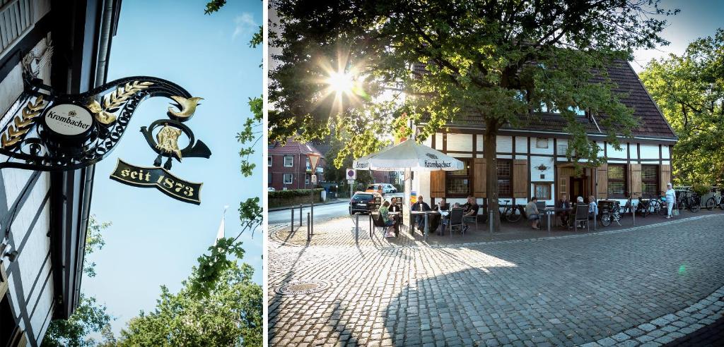 two pictures of a building and a street with a restaurant at Hotel zur Post in Lüdinghausen