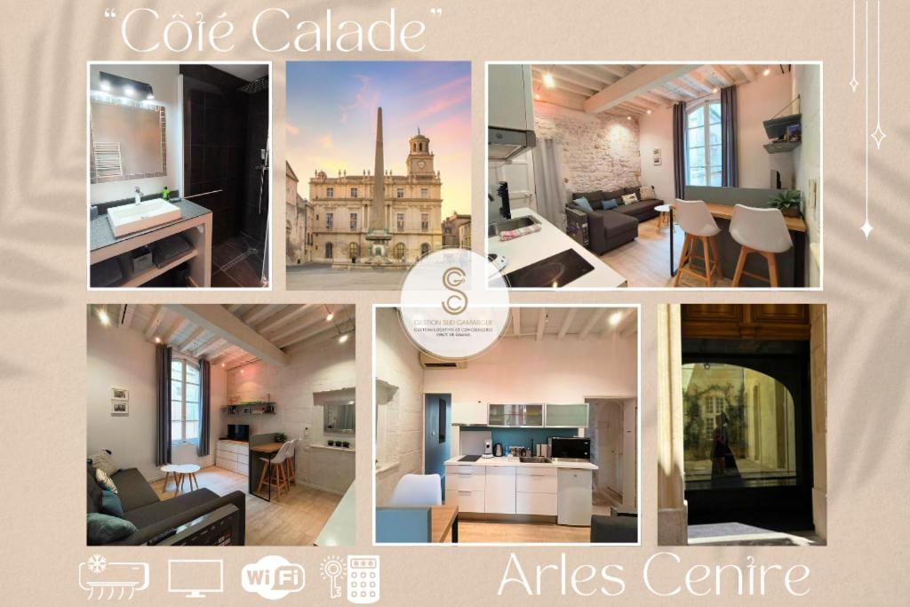 a collage of photos of a living room and a kitchen at Côté Calade Arles Centre in Arles