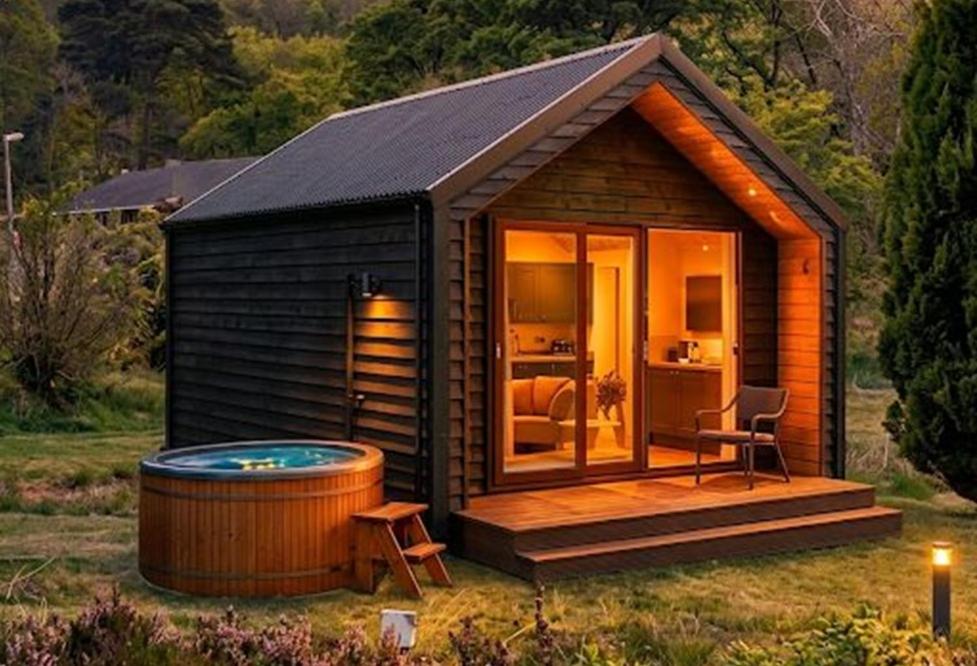 a small cabin with a hot tub in the yard at Rosetta Retreats in Peebles