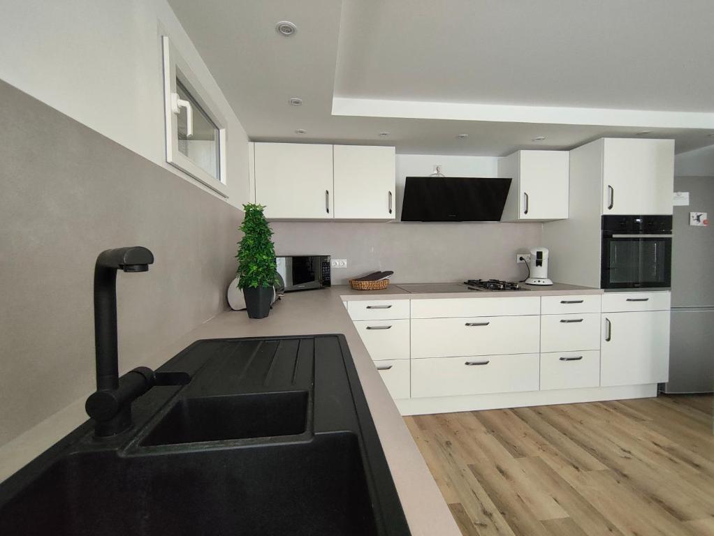 a kitchen with white cabinets and a black sink at Pfälzer Auszeit in Heuchelheim-Klingen