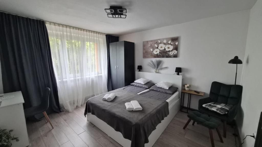 a bedroom with a bed and a chair and a window at Refugiul Castelului in Hunedoara