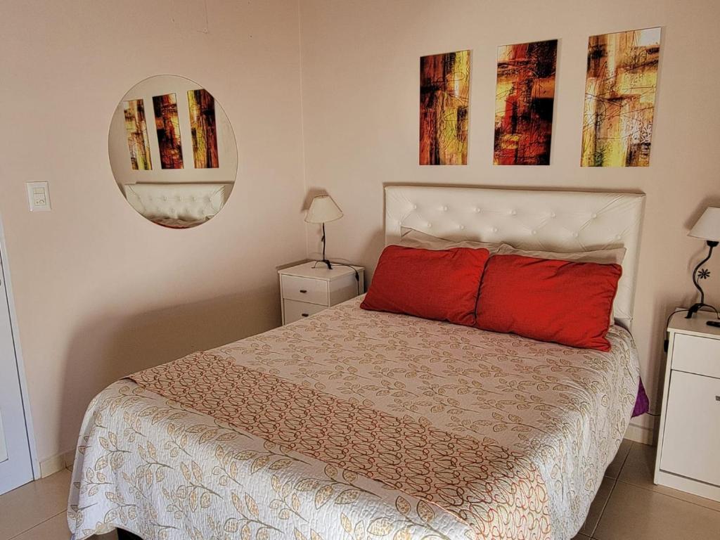 a bedroom with a bed with a red pillow and a mirror at Lucipri CyN in Arroyito