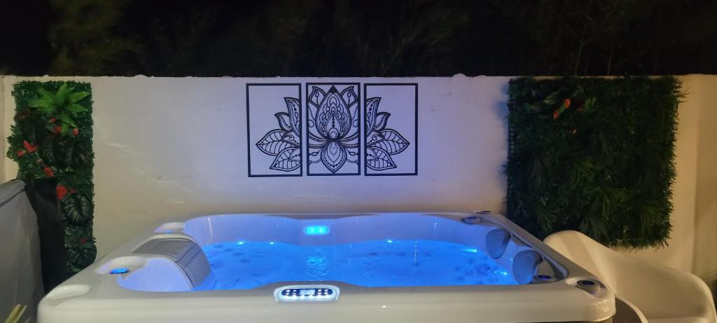 a hot tub in a bathroom with a picture on the wall at Le Chalet romantique avec jacuzzi privatif in Lirac