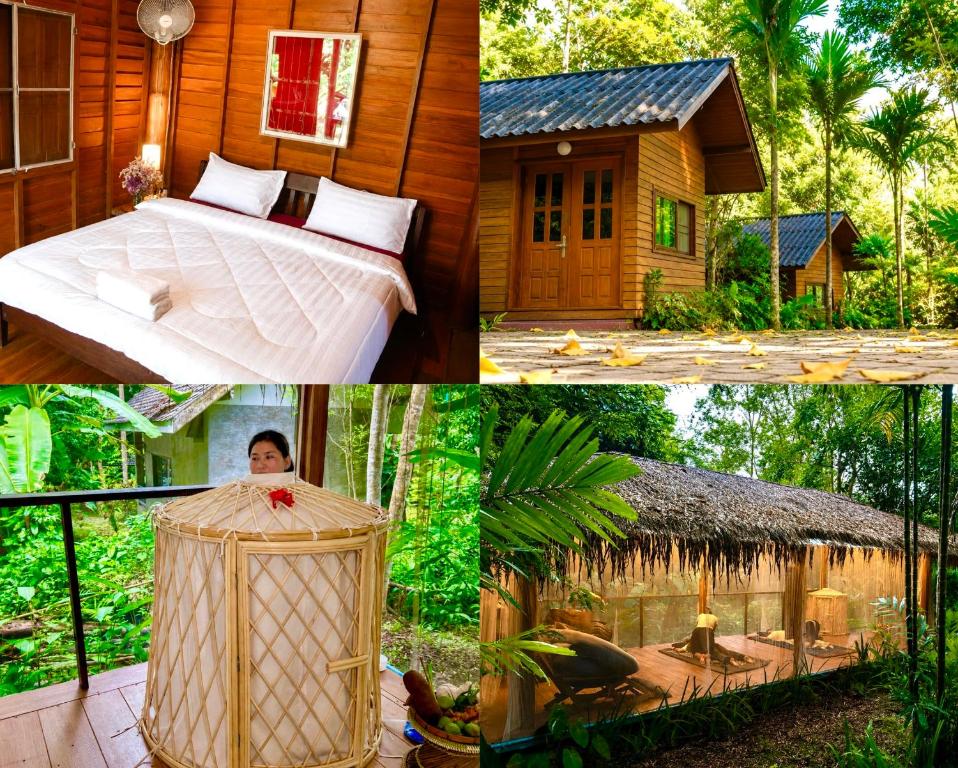 a collage of pictures of a resort with a bed and a house at Maewin Resort in Ban Huai Rin