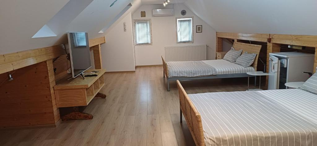 a room with two beds and a television in it at Casa Marinela in Baile Felix