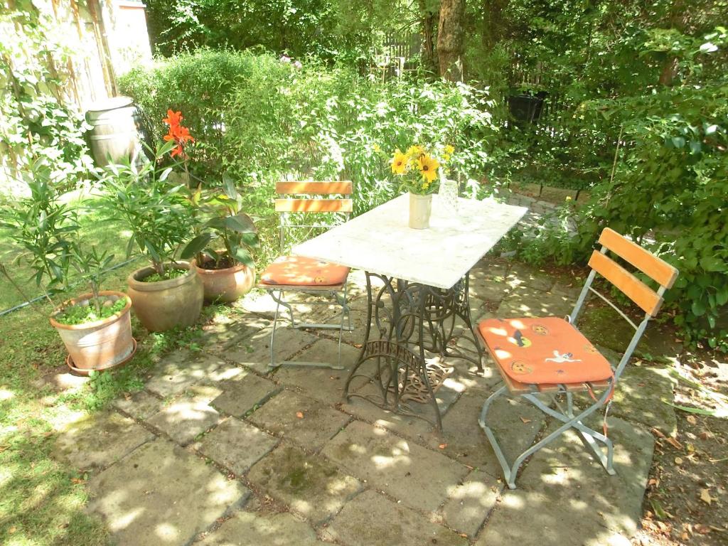 Ferienwohnung mit Charme in Dresden Pillnitz في درسدن: طاولة وكراسي في حديقة بها نباتات