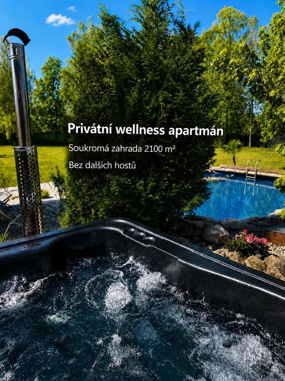 a bath tub with water in it next to a swimming pool at Wellness Glamping Apartmán Přerov in Přerov