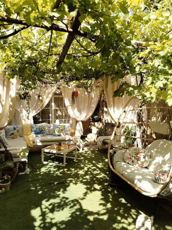 a room with two beds and a tree at Casa Jardin Huesca Ciudad in Huesca