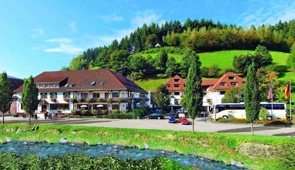 a town with a river in front of a building at Hotel 3 Könige in Oberwolfach