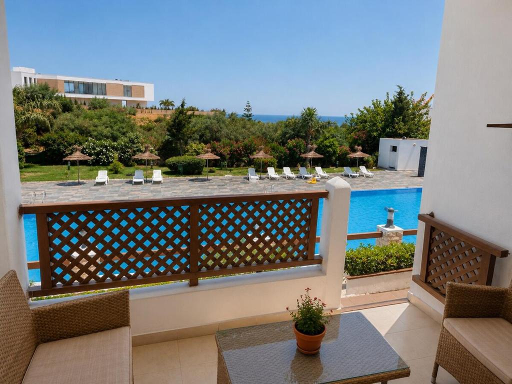 a balcony with a view of a swimming pool at Mar y piscina in Cabo Negro