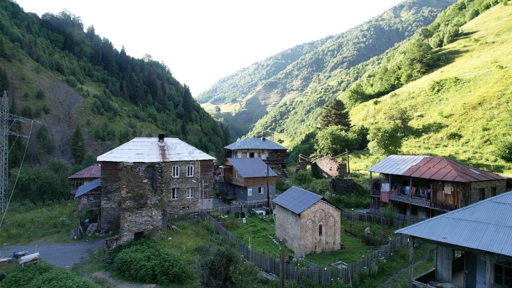 a group of buildings in a valley with mountains at Raul Lushnu Darbaz in Mestia