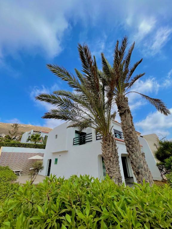 a palm tree in front of a white house at VILLA EVASION Aglou Center in Zaouia Sidi Ouaggag