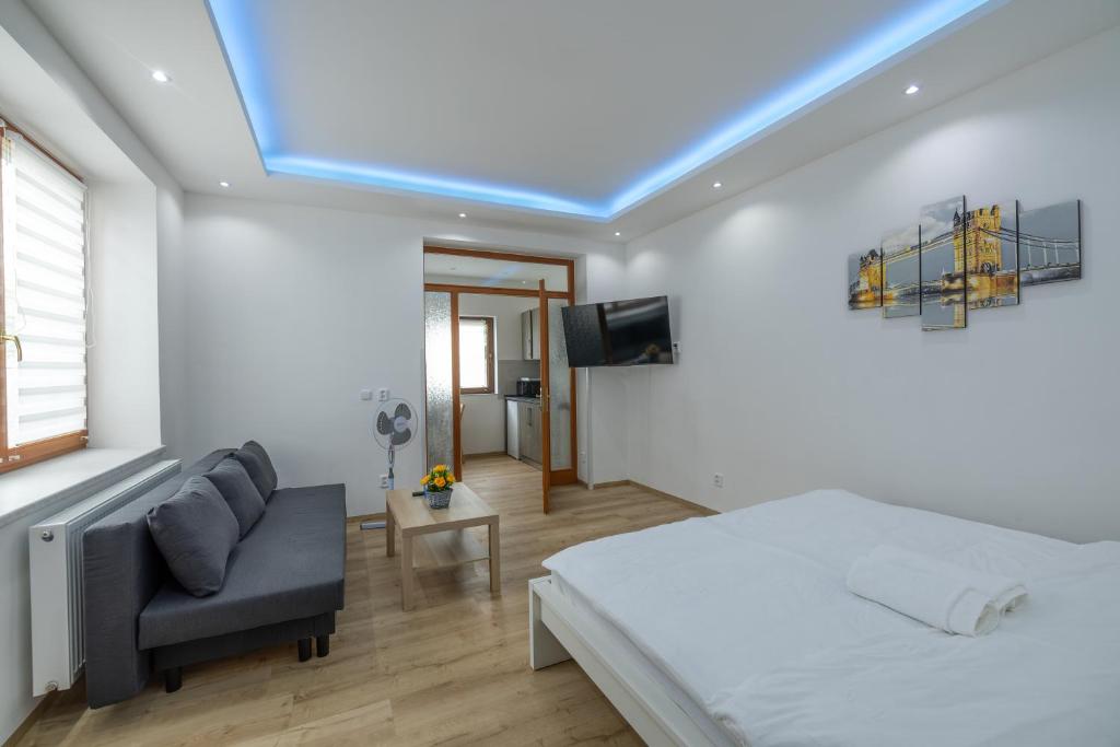a bedroom with a bed and a blue ceiling at L&S House in Prague