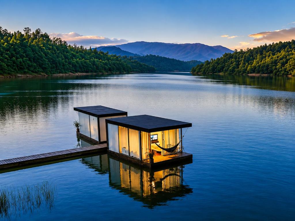 two houses on a dock in the middle of a lake at Hotel Pietrasanta Cabañas frente a la Represa Peñol Guatape in Guatapé