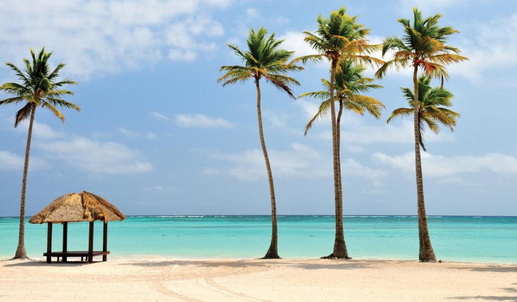 a beach with palm trees and a gazebo at Tropicana Sol Caribe Beach Pool STUDIOS Los Corales Bavaro WiFi PARKING &SPA in Punta Cana