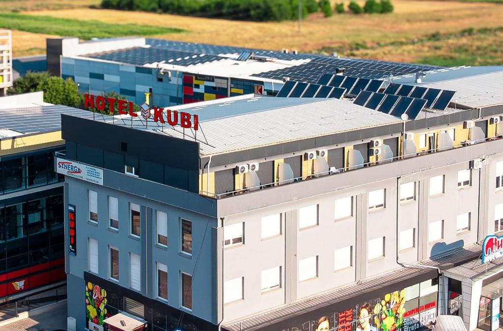 an aerial view of a building with a hotel at Kubi Hotel in Struga