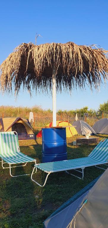 two lawn chairs and a straw umbrella and tents at Free People Camping in Vama Veche