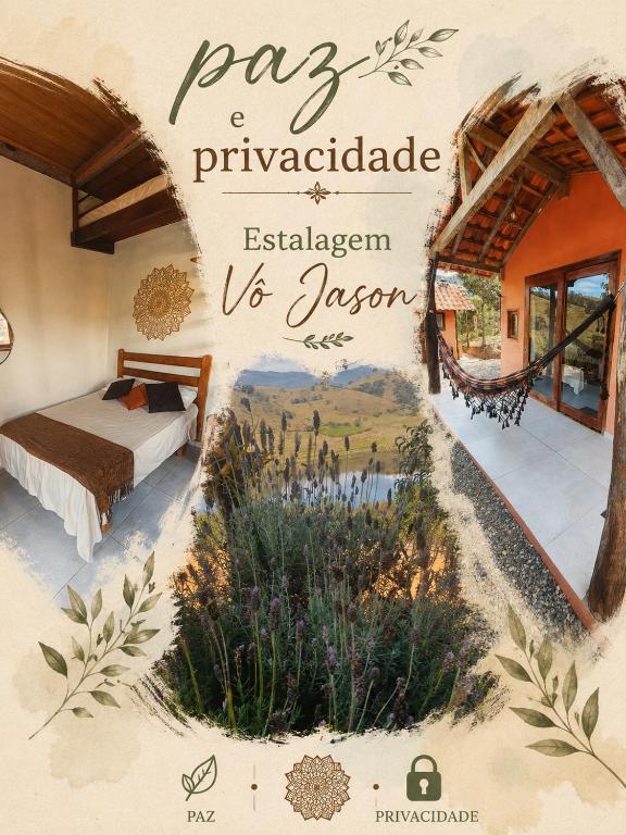 a bedroom with a painting on the wall at Chalé Estalagem Vô Jasôn in Itamonte