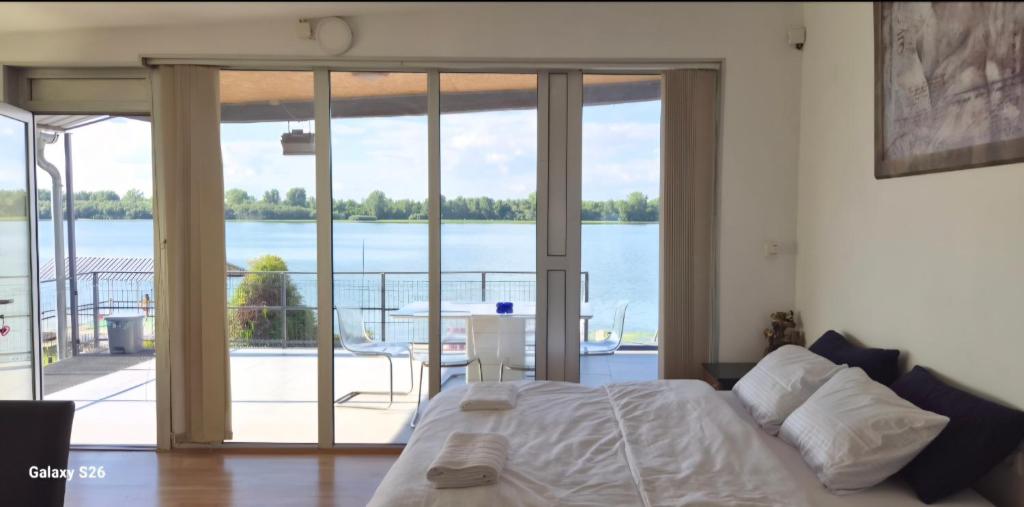 a bedroom with a bed and a view of the water at Sobe i apartmani "Terasa" in Smederevo