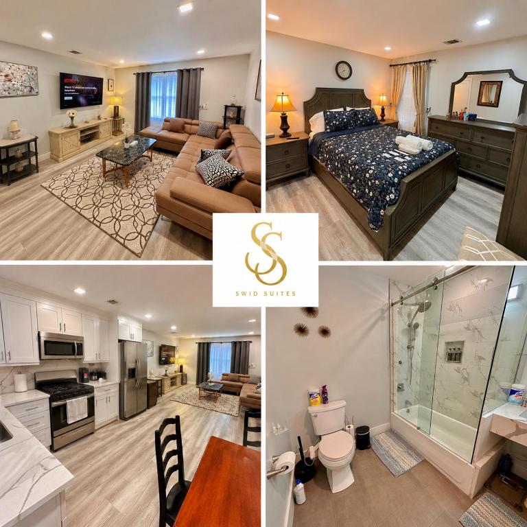 a collage of photos of a bedroom and a living room at The Elegant Suite - 2BR with Great Amenities in Paterson