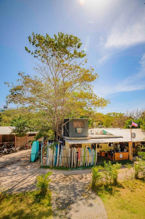 a house with a rack of surfboards in front of it at The Frontside Surf House in Tamarindo
