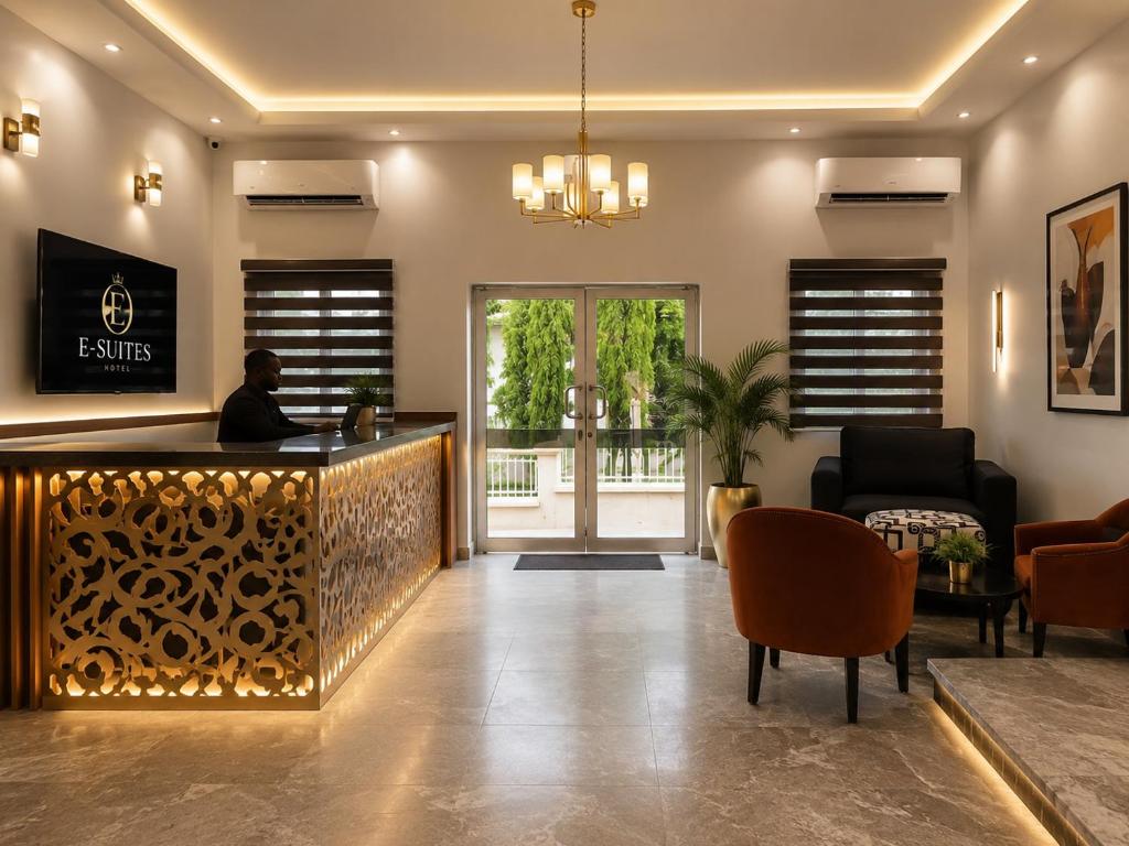a man sitting at a bar in a lobby at Elite Gold Luxury Hotel in Abuja
