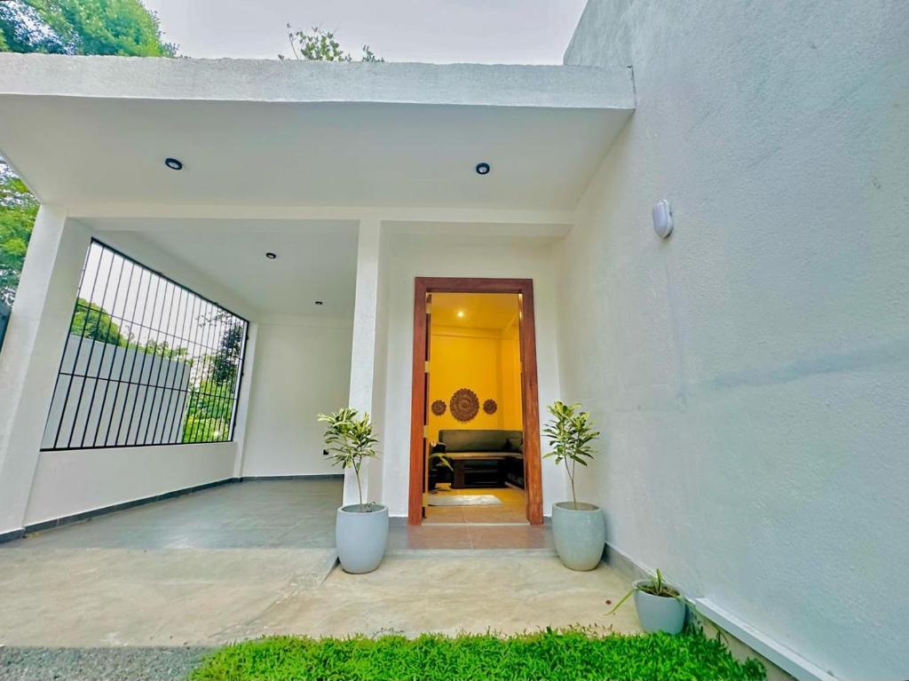 a house with two potted plants on a patio at The Elm in Weligama