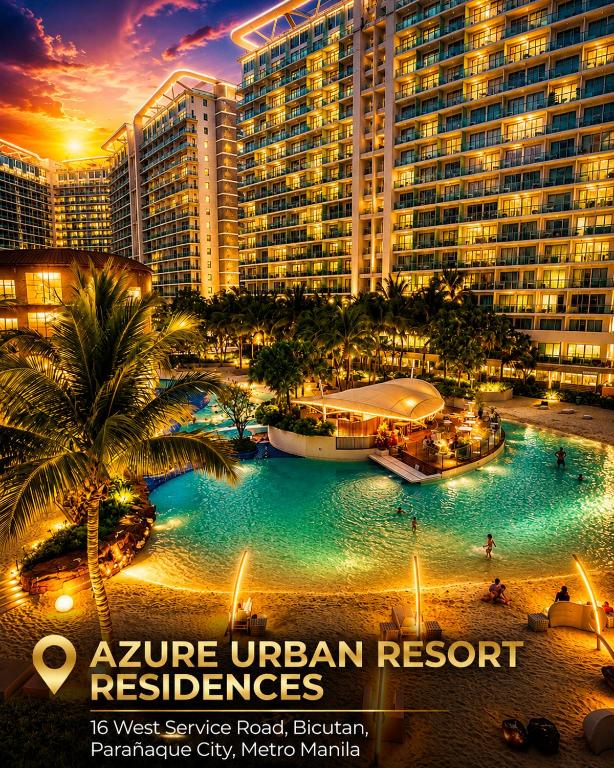 a poster of a resort with a large swimming pool at Affordable Staycation at Azure Urban Resort Residences Near NAIA in Manila