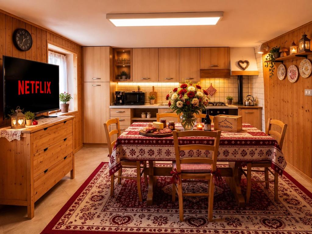 a kitchen with a dining room table and a television at Maso Patrizia - Rifugio caldo tra le vette in Pieve Tesino