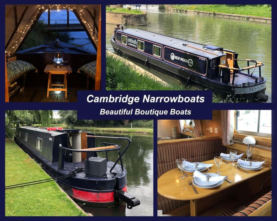 a collage of pictures of a boat on a river at Cambridge Narrowboats - Beautiful New Moon Narrowboat in Cambridge