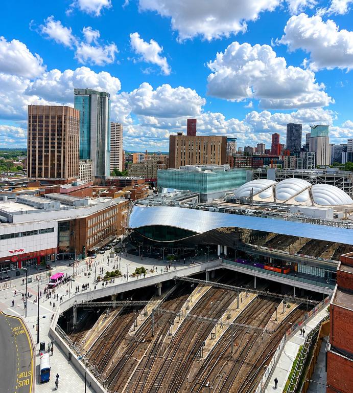 a view of a train station in a city at Cozy City View Apartment in Birmingham