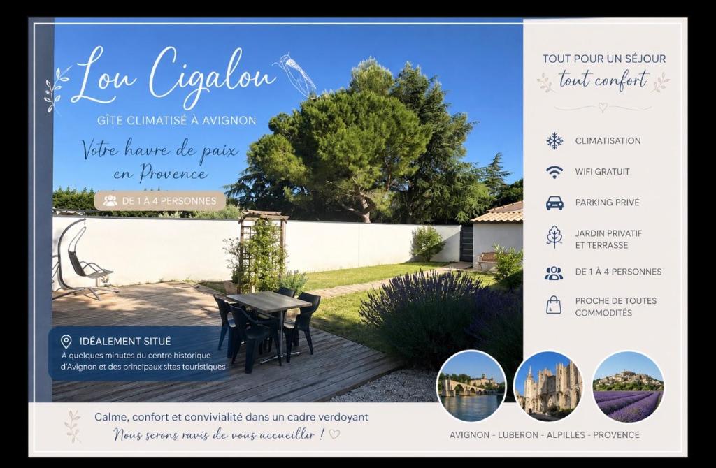 a website of a garden with a table and chairs at Lou Cigalou Clim, jardin privé, parking & Wi-Fi 1 à 4 pers in Avignon